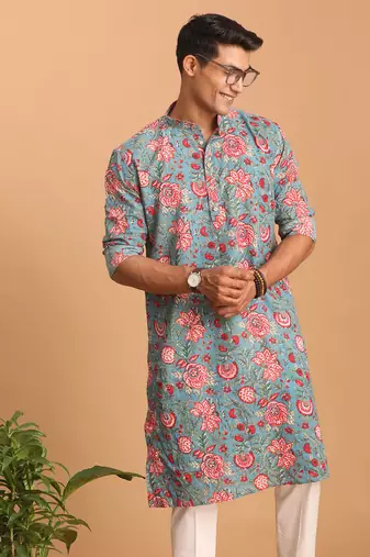 Sky Blue Cotton Floral Printed Kurta for Mens
