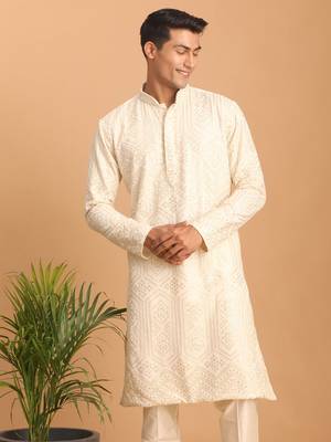Beige Cotton Blend Kurta For Men 1