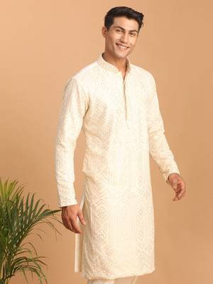 Beige Cotton Blend Kurta For Men 2