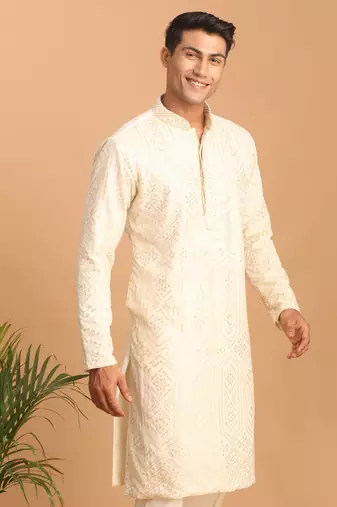 Beige Cotton Blend Kurta For Men