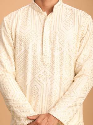 Beige Cotton Blend Kurta For Men 4