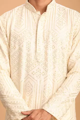 Beige Cotton Blend Kurta For Men
