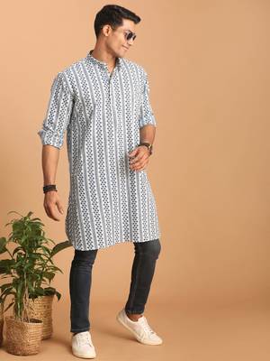 White And Blue Cotton Kurta 1