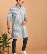 White And Blue Cotton Kurta