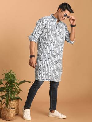 White And Blue Cotton Kurta 2