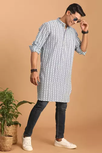 White And Blue Cotton Kurta
