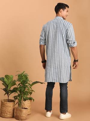 White And Blue Cotton Kurta 3
