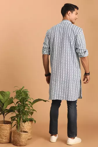 White And Blue Cotton Kurta