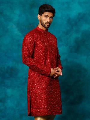 Men'S Maroon Silk Blend Kurta 2