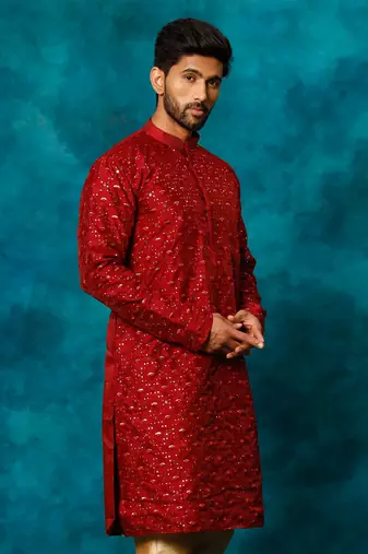 Men'S Maroon Silk Blend Kurta