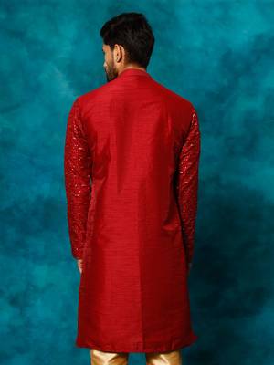 Men'S Maroon Silk Blend Kurta 3