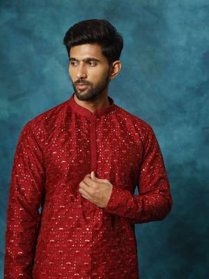 Men'S Maroon Silk Blend Kurta 4