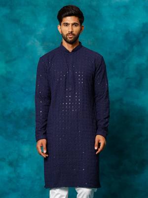 navy blue rayon cotton kurta with schiffli embroidery 1