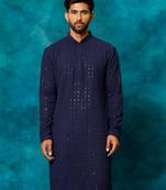 men's navy blue rayon cotton kurta with schiffli embroidery