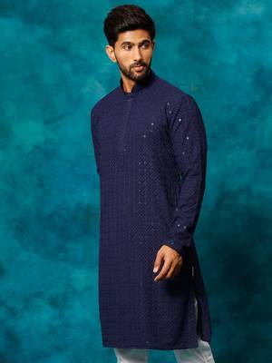 navy blue rayon cotton kurta with schiffli embroidery 2