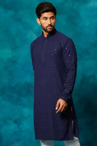 navy blue rayon cotton kurta with schiffli embroidery