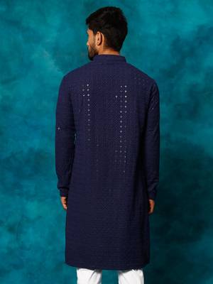 navy blue rayon cotton kurta with schiffli embroidery 3