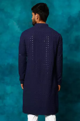 navy blue rayon cotton kurta with schiffli embroidery