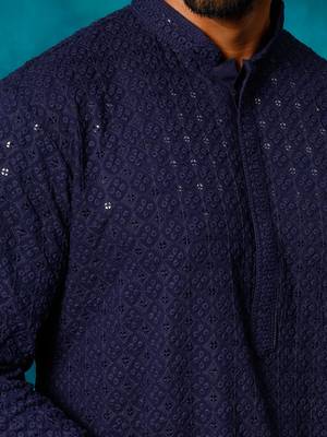 navy blue rayon cotton kurta with schiffli embroidery 4