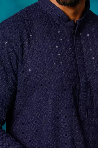 navy blue rayon cotton kurta with schiffli embroidery