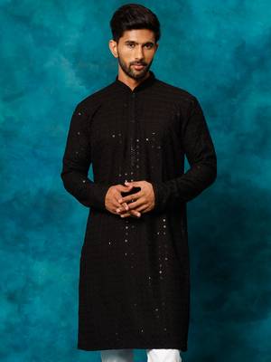Black Rayon Schiffli Embroidered Kurta For Men 1
