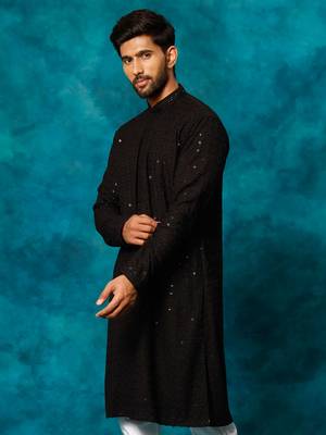 Black Rayon Schiffli Embroidered Kurta For Men 2