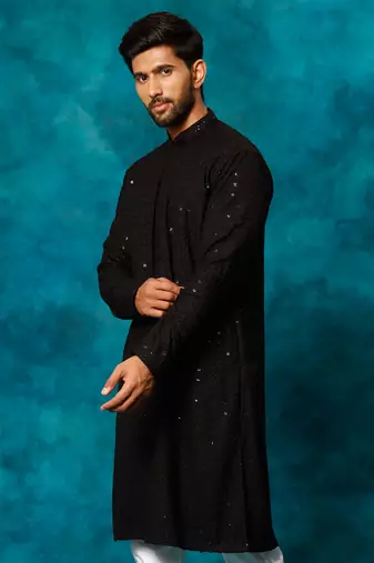Black Rayon Schiffli Embroidered Kurta For Men