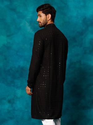 Black Rayon Schiffli Embroidered Kurta For Men 3