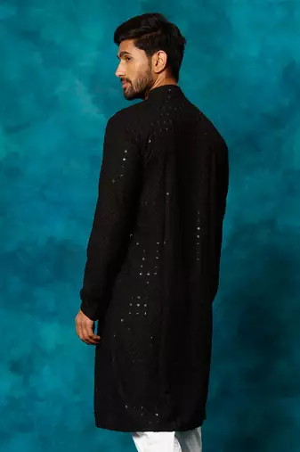 Black Rayon Schiffli Embroidered Kurta For Men