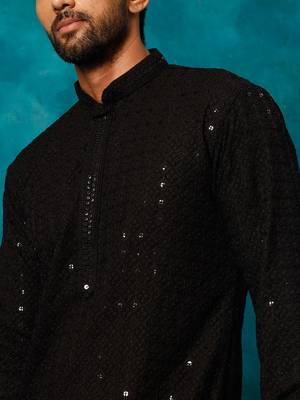 Black Rayon Schiffli Embroidered Kurta For Men 4