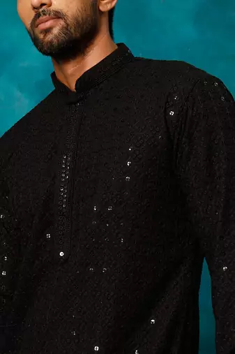 Black Rayon Schiffli Embroidered Kurta For Men