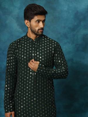 Men'S Green Georgette Kurta 4