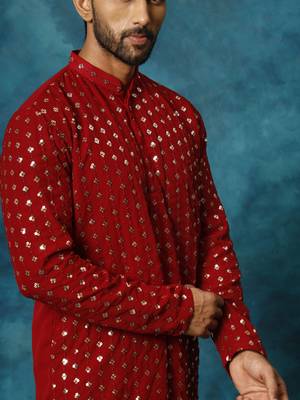 Men'S Maroon Georgette Kurta 4