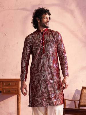 Men'S Maroon Georgette Kurta 1