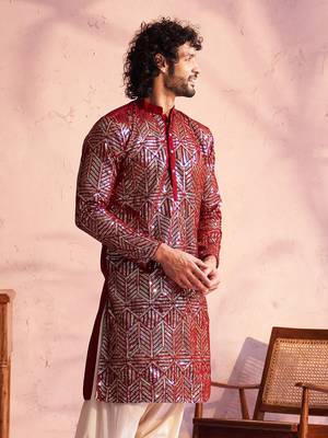 Men'S Maroon Georgette Kurta 2