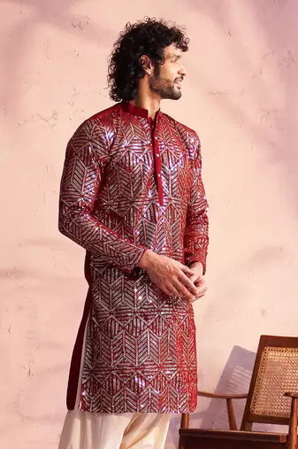 Men'S Maroon Georgette Kurta