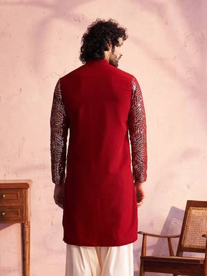 Men'S Maroon Georgette Kurta 3