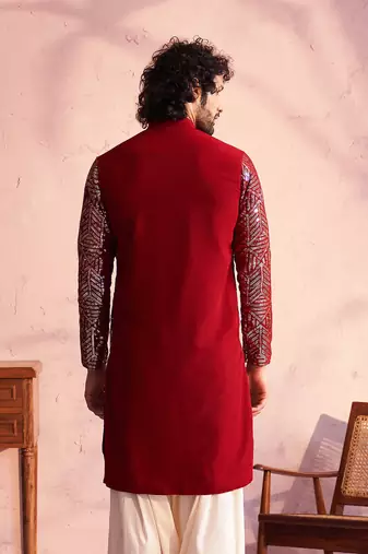 Men'S Maroon Georgette Kurta