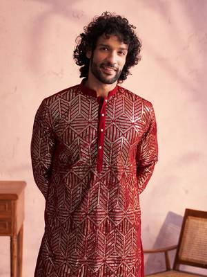 Men'S Maroon Georgette Kurta 4
