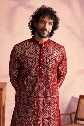 Men'S Maroon Georgette Kurta