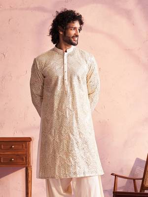 Men'S Cream Georgette Kurta 1
