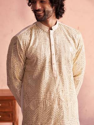 Men'S Cream Georgette Kurta 4