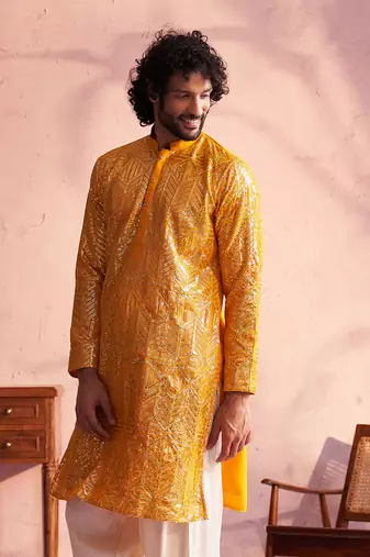 Men'S Yellow Georgette Kurta