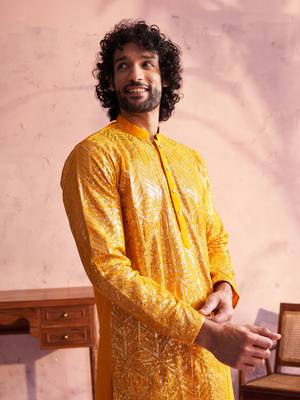 Men'S Yellow Georgette Kurta 4