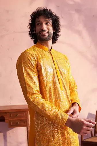Men'S Yellow Georgette Kurta