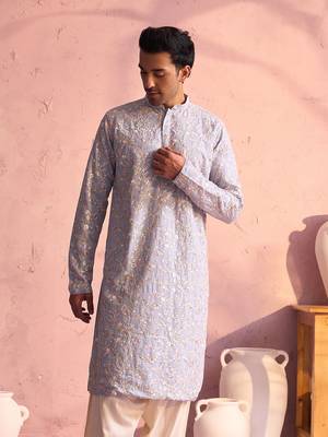 Men'S Pastel Blue Georgette Kurta 1