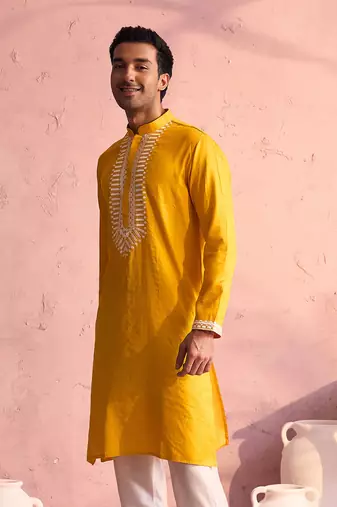 Yellow Moonga Silk Kurta