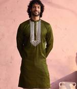Men'S Mehendi Green Moonga Silk Kurta