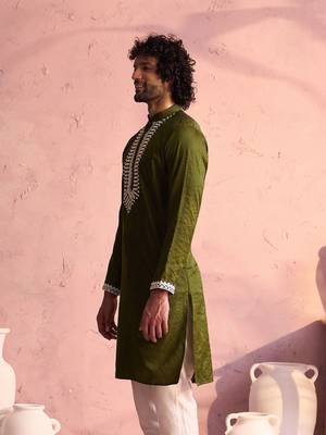 Mehendi Green Moonga Silk Kurta 2