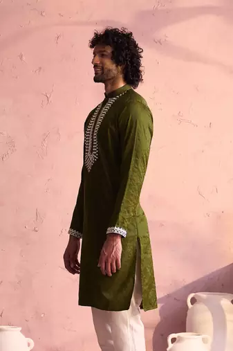 Mehendi Green Moonga Silk Kurta